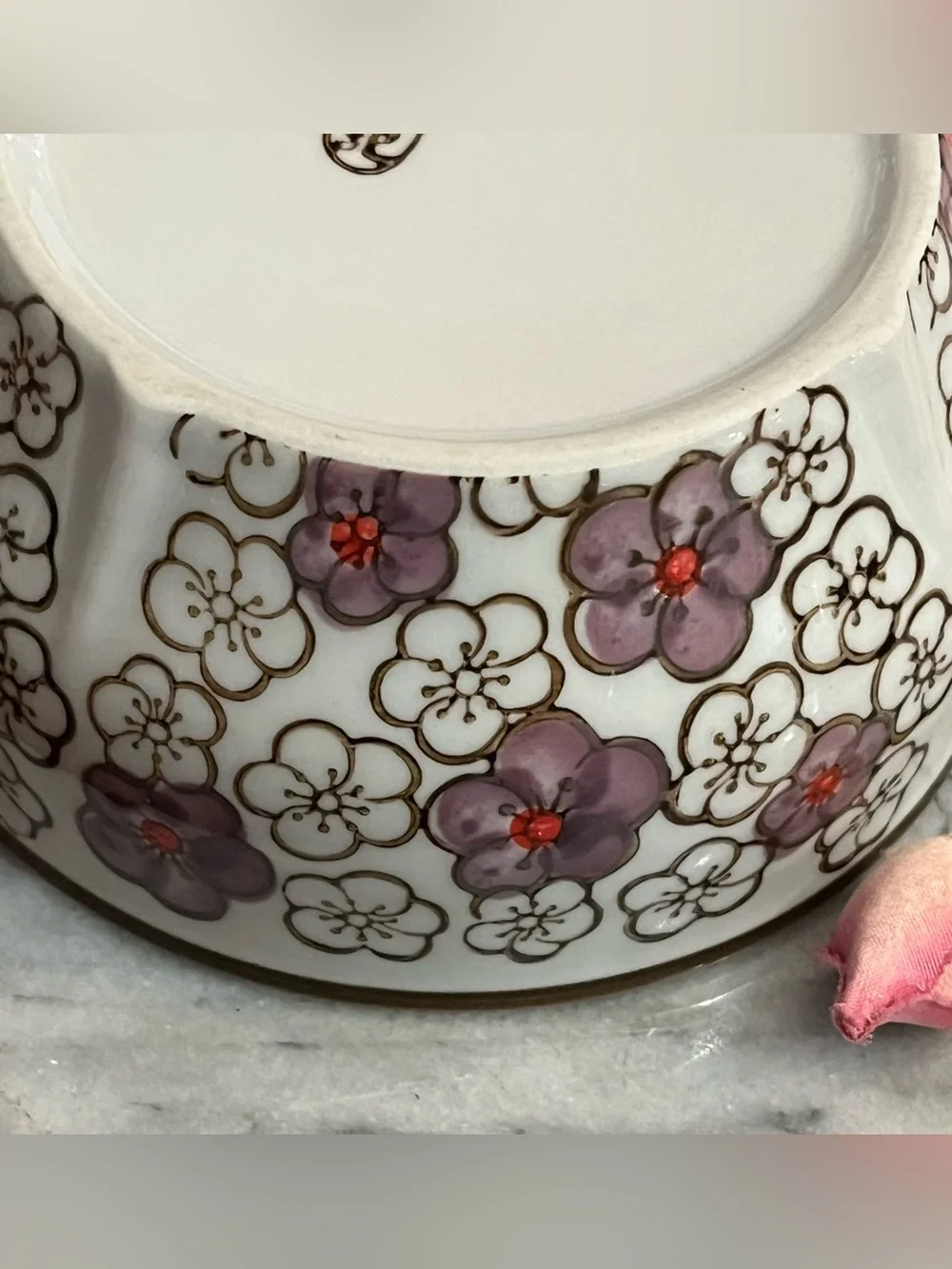 Yokohama Studio Japan Hand Painted Textured Floral Purple Blossom Ceramic Bowl